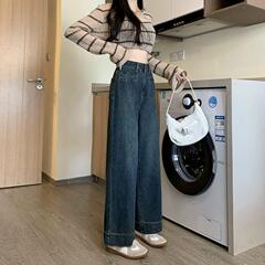 レトロな裏起毛厚手デニムパンツ レディース 2025秋冬新作 太め体型向け ハイウエスト ゆったり 着痩せ効果 小柄な方向け ストレートパンツ