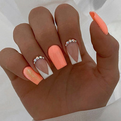 European-style mid-to-long orange-yellow glossy nail fashion solid-color false nails—triangular French-style wearable nails available for wholesale