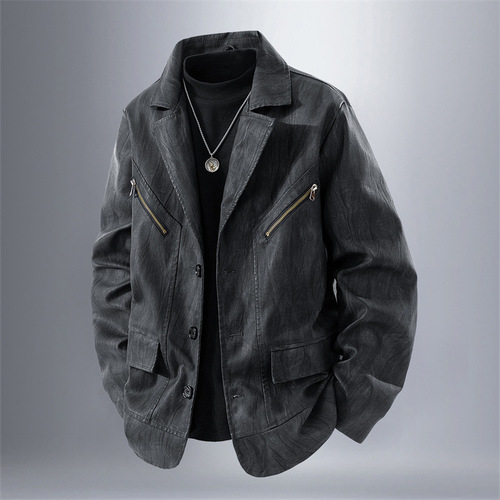 New Men's Leather Jacket, Biker Jacket, Collarless Racing Style, Contrast Color, Hong Kong Style Trend Brand, Seasonal Couple's Edition, Wide
