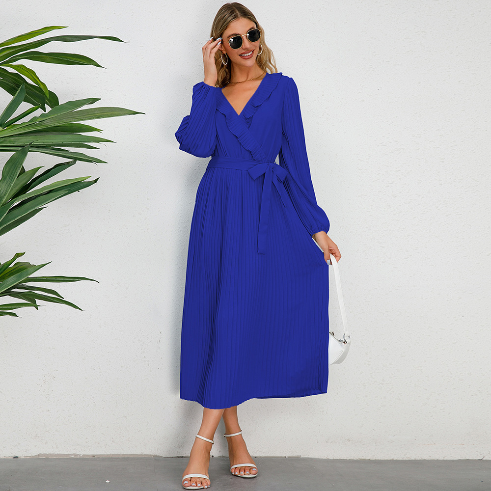 Women's Regular Dress Simple Style V Neck Belt Ruffles Pleated Long Sleeve Solid Color Midi Dress Daily Street display picture 9