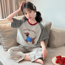 女童卡通睡衣套装夏季短袖长裤纯棉家居服中大童甜酷空调服两件套