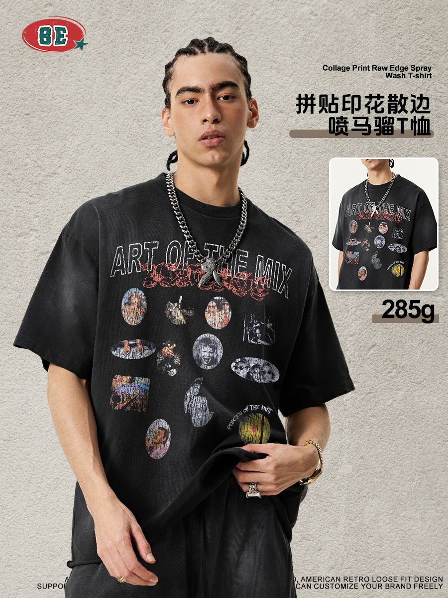 Be Hombres| Europa y América retro hacer vieja impresión de pulverización de caballo de borde disperso camiseta de manga corta camiseta de moda masculina suelta camiseta pareja
