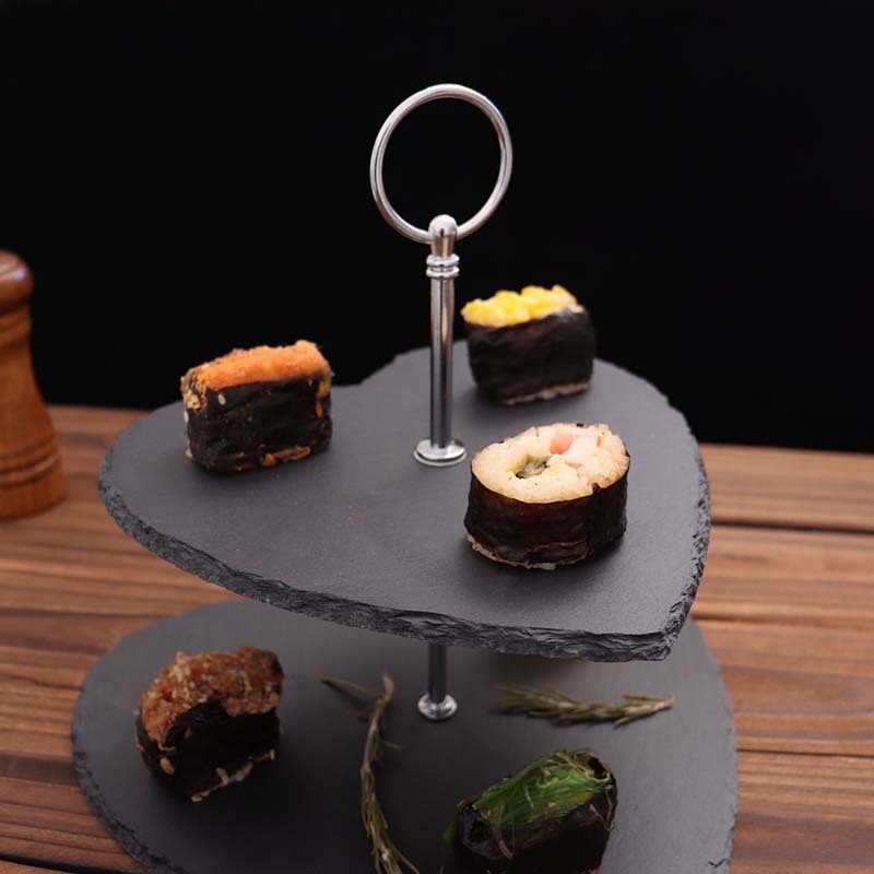 Estilo japonés y coreano Luz de lujo doble capa negro pizarra pastel soporte tarde té pastel placa occidental postre Placa de fruta Placa de oscilación