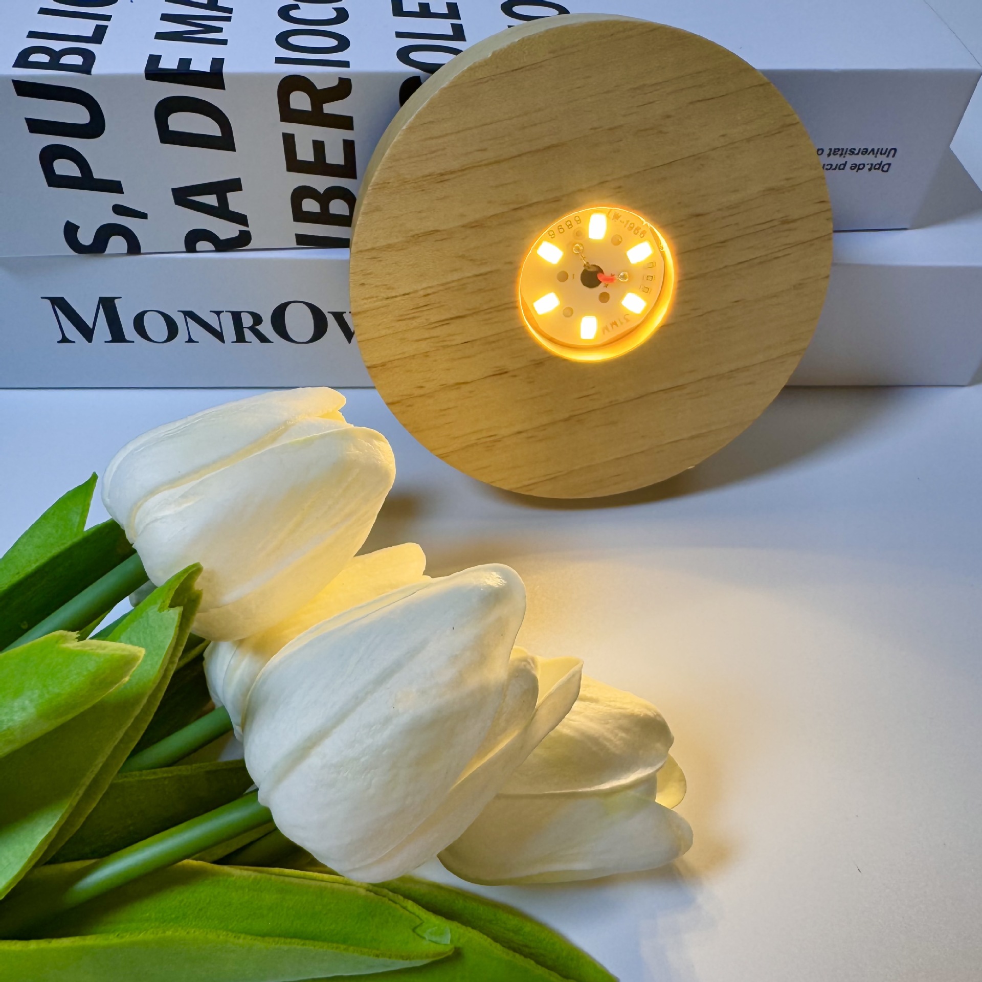 Modern Minimalist Akrilik Kristal Küre Gece Lambası Kauçuk Ağacı Tabanı Ahşap El Sanatları Dekoratif Obje Ahşap Zanaat Ürünü