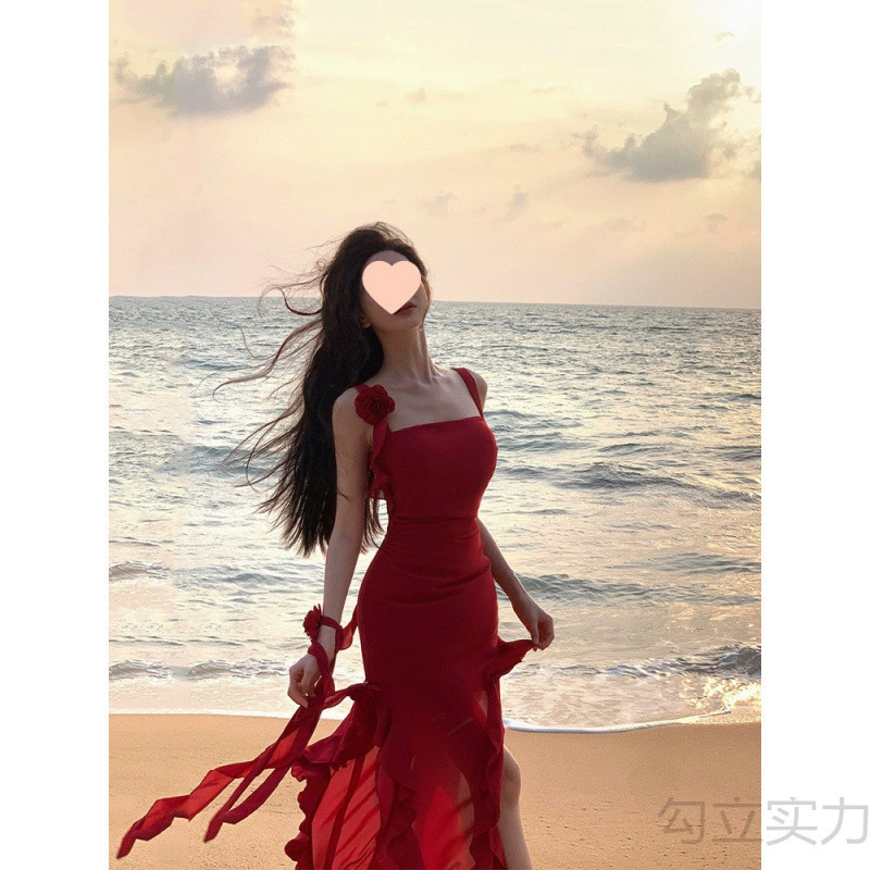 Красивое красное платье на подтяжках во французском стиле с нерегулярными рюшами, женское летнее сексуальное длинное платье с разрезом для отдыха на море