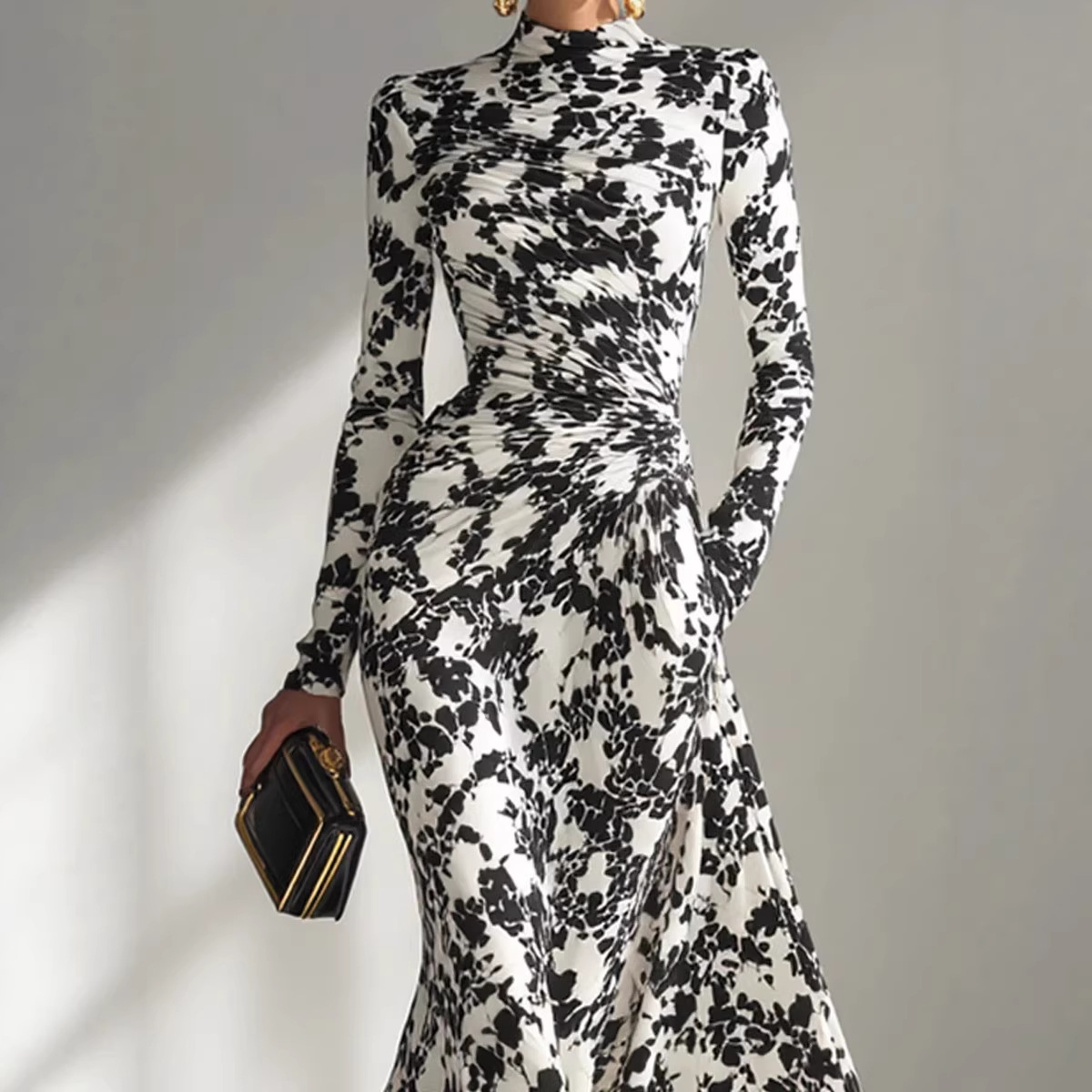 Autumn High-Waisted Pleated Full Skirt Dress For Women Sexy Long-Sleeved Fitting_ecoleips.com