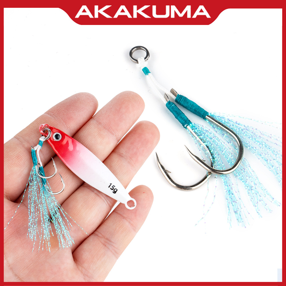 Lure jig double hook with shiny thread, sharp hook tip with barbs, suitable for sea fishing, boat fishing, lead fish hook, barracuda hook