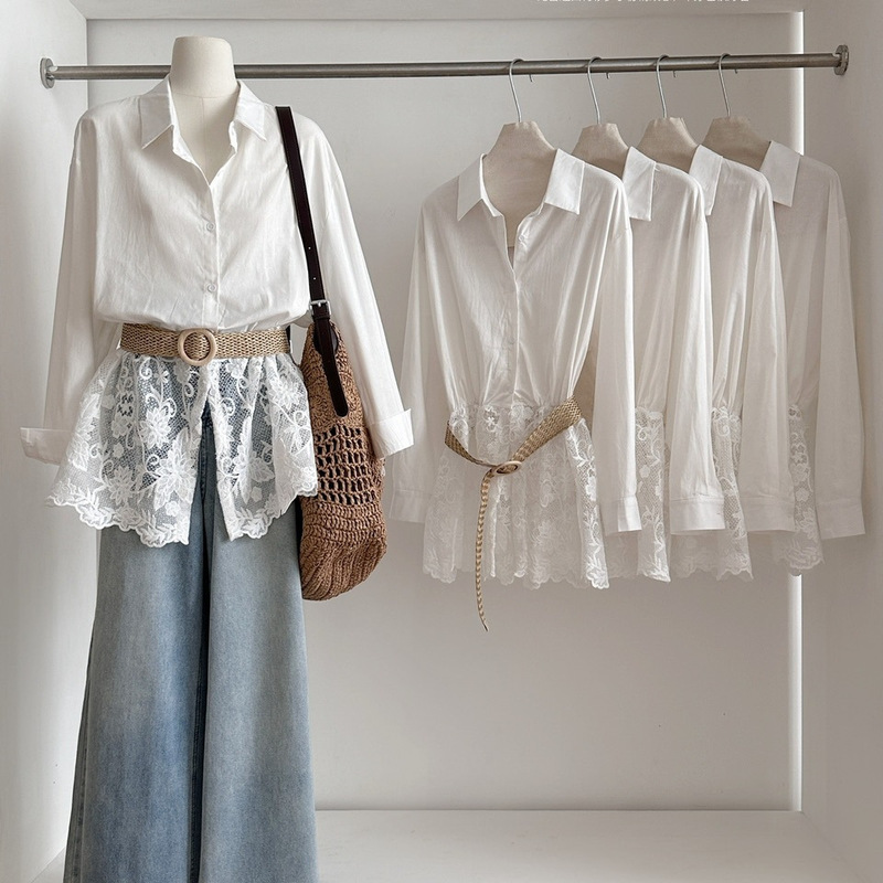 Korean-Style White Lace Spliced Linen Long-Sleeved Shirt for Women, French-Style Top with Belt, 2026 Spring New Style