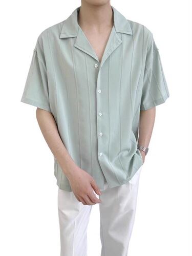 Guava Striped Shirt Men's Short Sleeve Summer Thin Ice Silk Loose Iron-Free Design Semi-Sleeve Shirt