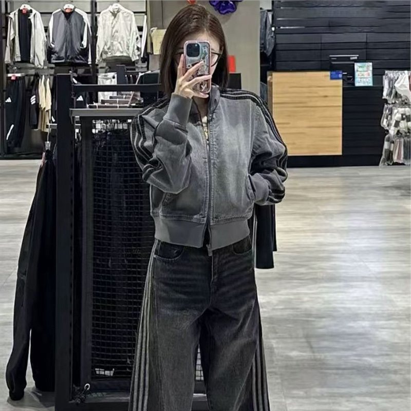 Solid Color Three-Stripe Vintage Washed Denim Jacket Casual Short Style Slim Fit Stand Collar Sporty Jacket for Women
