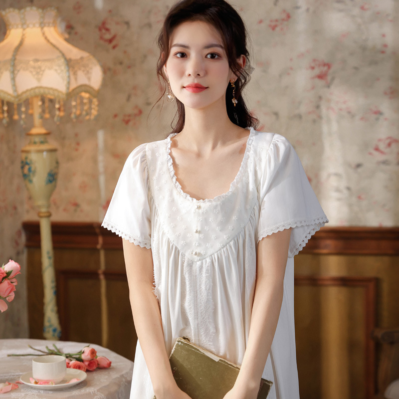 Short-sleeved nightdress women's summer Cotton Palace style elegant pajamas loose plus size breathable soft V-neck outerwear homewear