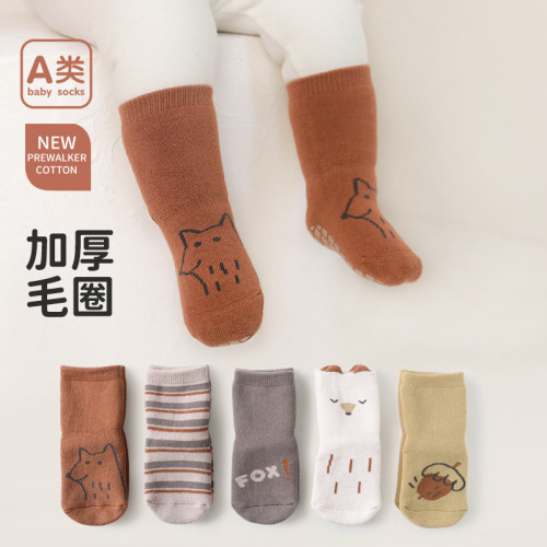  Winter Interlock Non-Scratch Leg Infant Cotton Socks with Cute Cartoon Design for Boys and Girls, Learning to Walk Socks