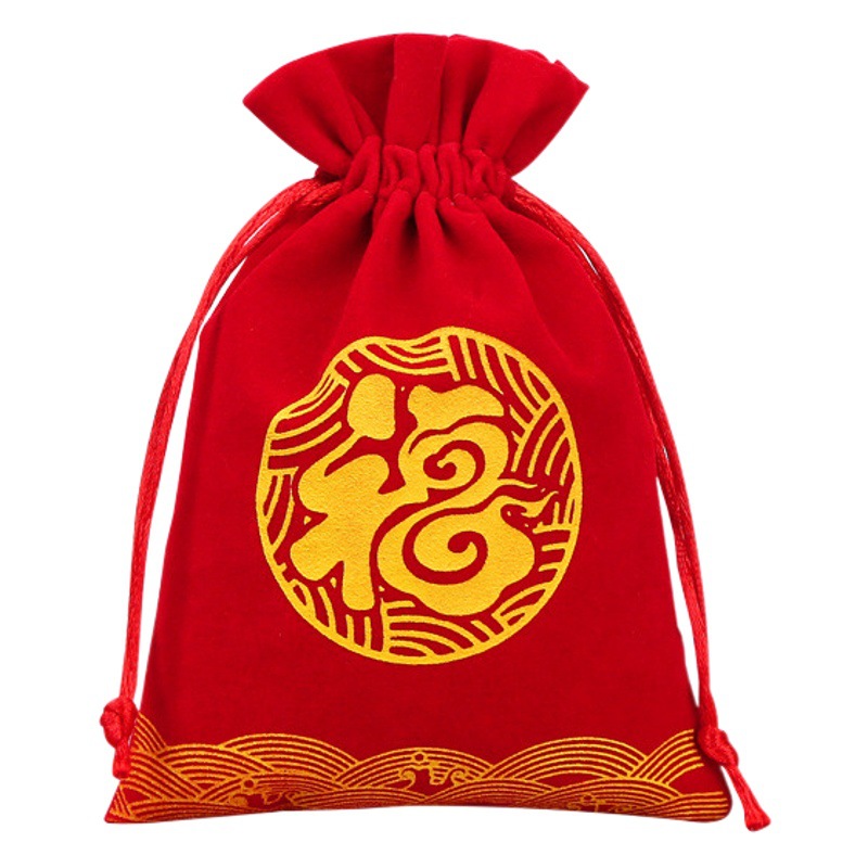 Direct selling flannel bag jewelry bag New Year's lucky bag Baifu New Year's lucky gift bag beam drawstring bag red envelope lucky word brocade bag