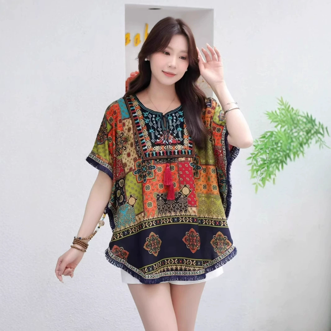 Тайский национальный стиль топы с вышивкой и воротником