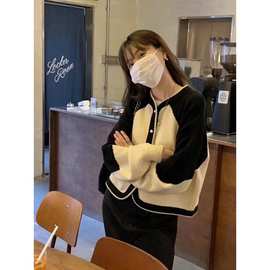 特价#包芯纱#秋冬季新款复古撞色插肩袖针织小香羊毛毛衣开衫外套