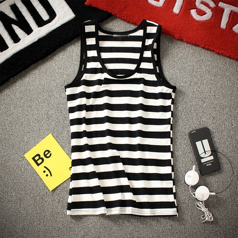 男士背心青年夏季潮紧身修身型韩版条纹坎肩无袖t恤2025
