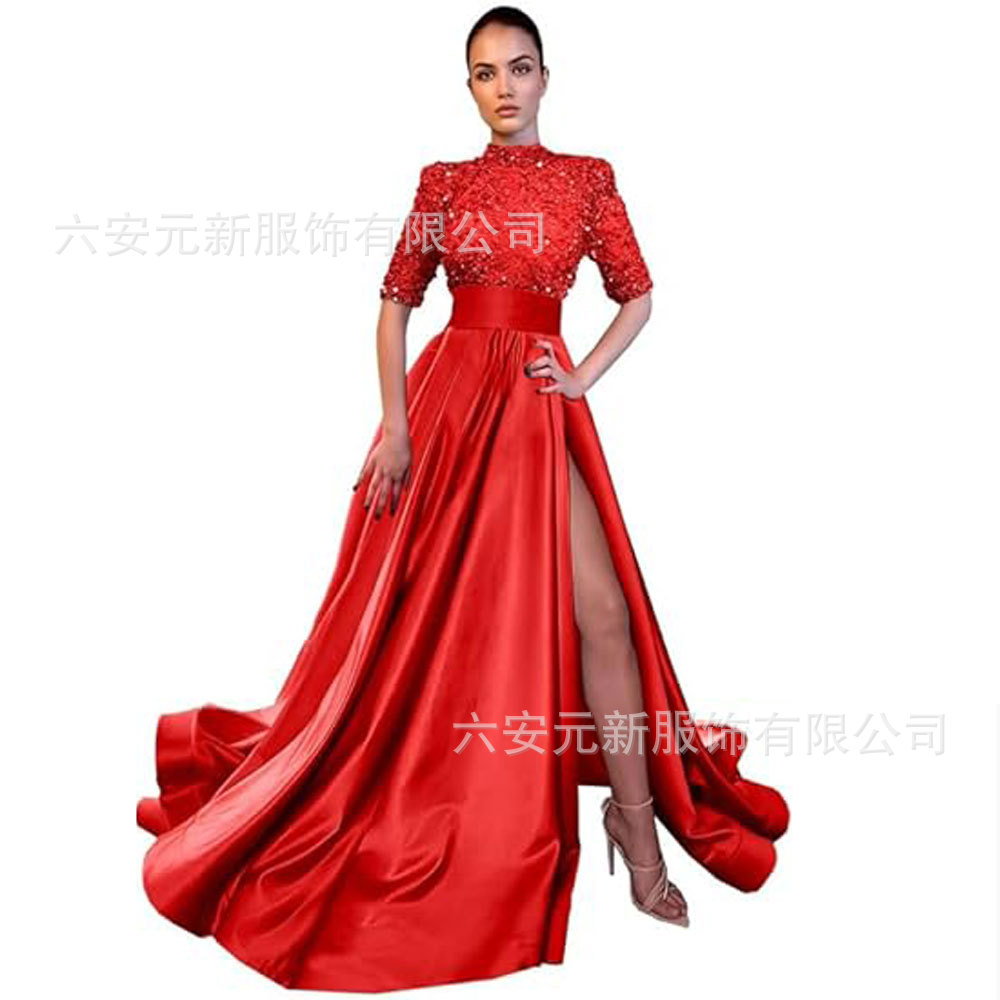 Europeo y americano Amazon AliExpress vestido de fiesta media manga lentejuelas satén vestido de noche A-line vestido de fiesta de hendidura image 11