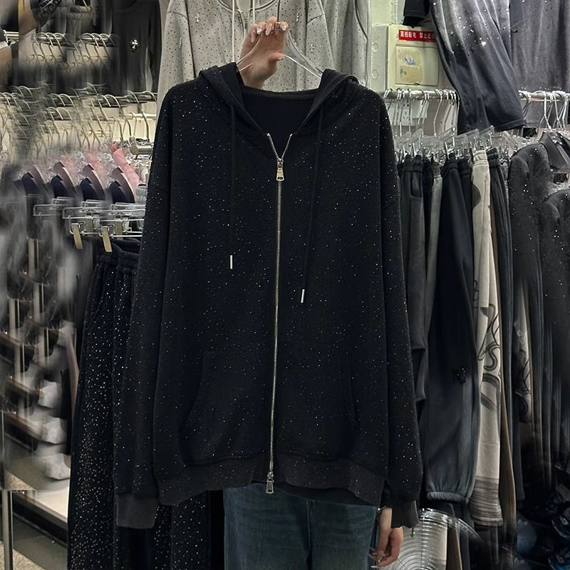 Oversize 1.00 kg-150.00 kg Chubby m Early Spring Ginseng Hot Rhinestone Hooded Jacket Women's Loose Western-style Age-reducing Zipper Sweatshirt