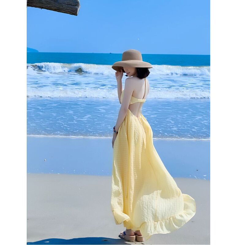 Beach Vacation Dress with a High-End Feel, Yellow Halter Neck Long Dress with Chest Pads, Backless Beach Dress for Women, Sanya Outfit
