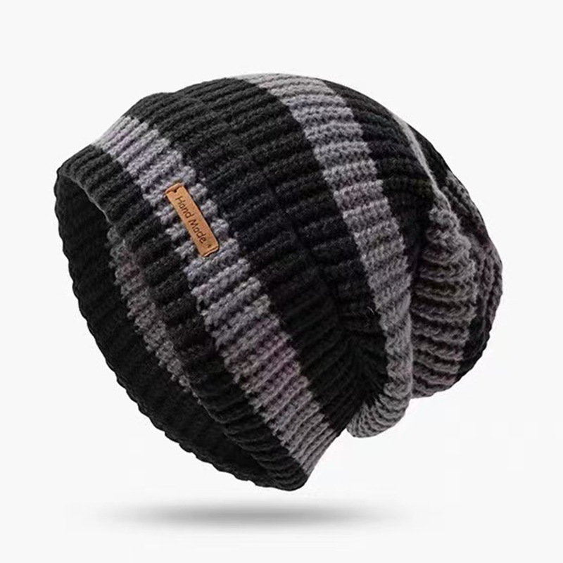 Japanese Retro Letter Small Label Striped Large Version For Women Autumn Winter Warm Versatile Knitted Slouchy Hat_voghion.com