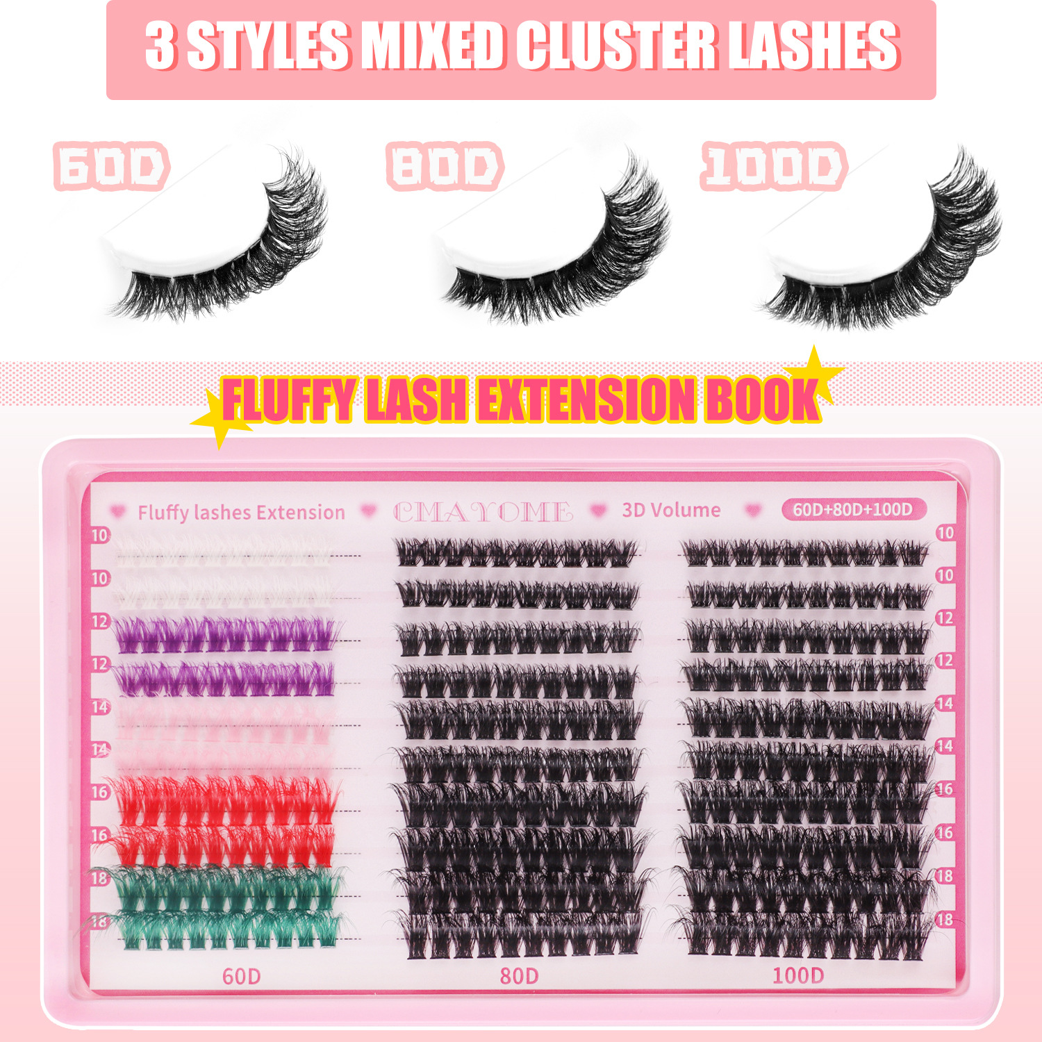 Cross border foreign trade 300 clusters of dense D curved color single cluster false eyelashes set 10 18mm DIY segmented eyelashes_voghion.com