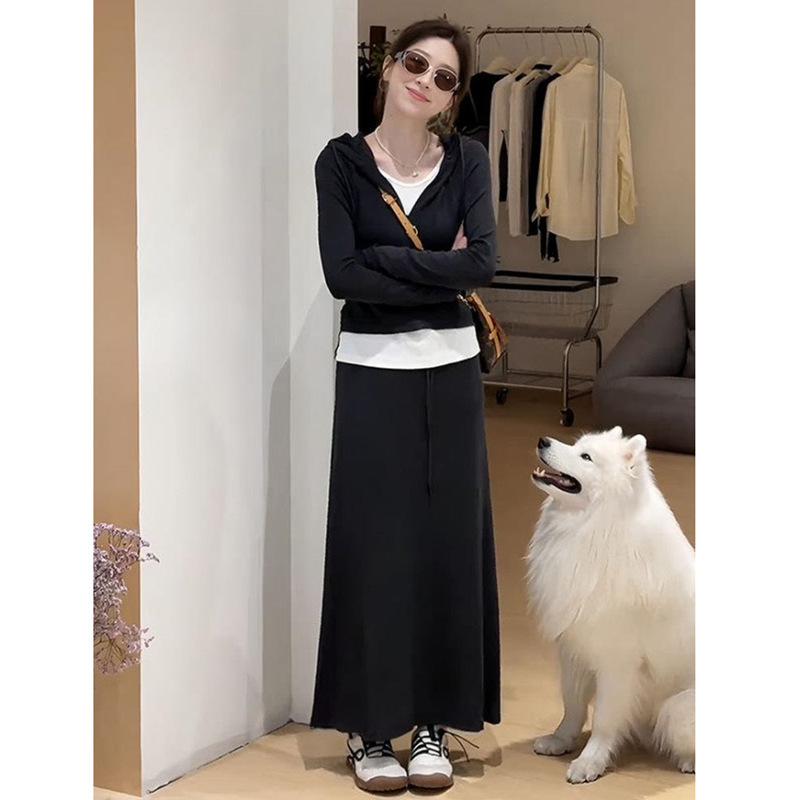 260g Rayon Black Hooded Fake Two-Piece Long-Sleeved T-Shirt Women's Tops Slimming Look Early Autumn Wear Bottoming Shirt