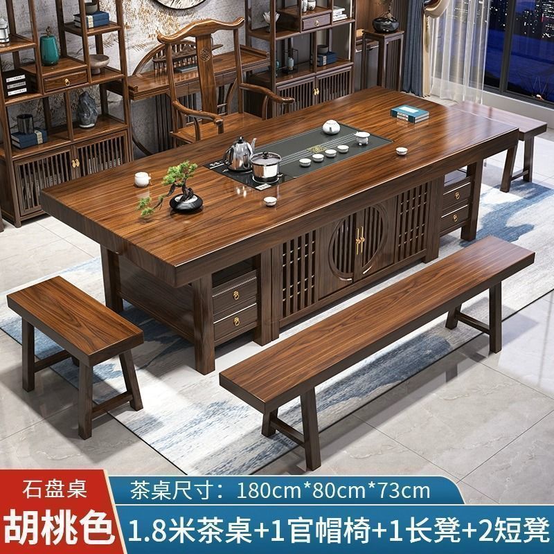 無垢材の大型ボードティーテーブルと椅子の組み合わせ、新しい中国風のオフィスコーヒーテーブル、禅ティーテーブル、ティーテーブルのセット|undefined