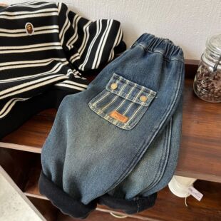 Children's Jeans 2025 Winter New Thickened Distressed Pants for Boys and Girls with Unique Pocket Design
