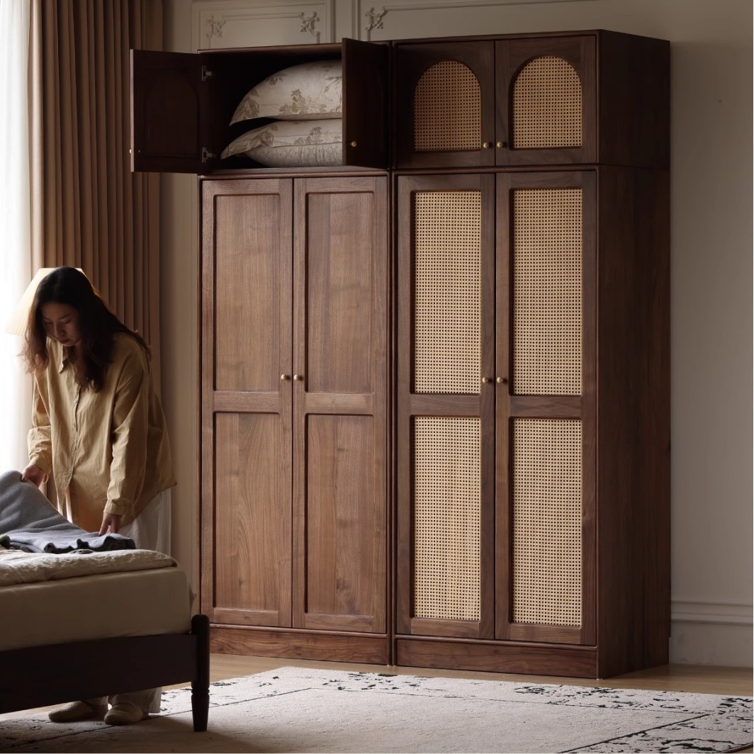 Customized North American Black Walnut Solid Wood Wardrobe, Antique Style Storage Cabinet, Rattan Storage Cabinet, Bedroom Home Wardrobe