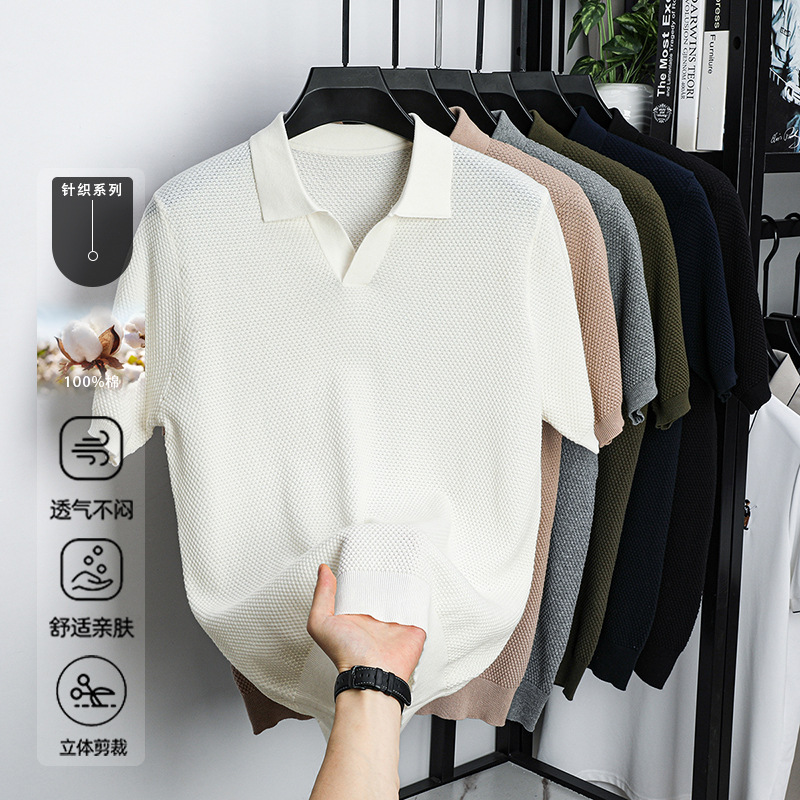 Algodón transfronterizo camiseta polo de manga corta hombre camiseta de punto de cuello en V casual base universal camiseta de hombre de manga corta T-shirt