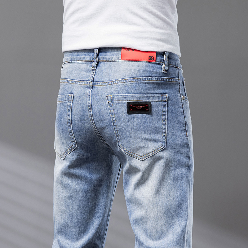 Dujia edición de alta gama europea jeans de hombre Anchor rojo azul pálido elástico lavado con agua pequeño pantalón recto de hombre