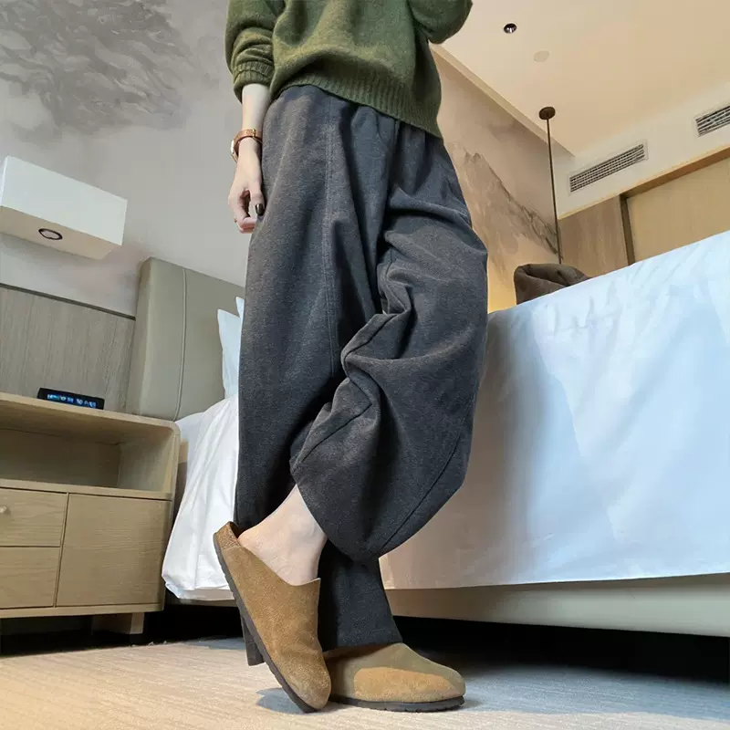 灰色加厚毛呢阔腿裤子大码秋冬小个子休闲运动卫裤今年流行梧桐裤