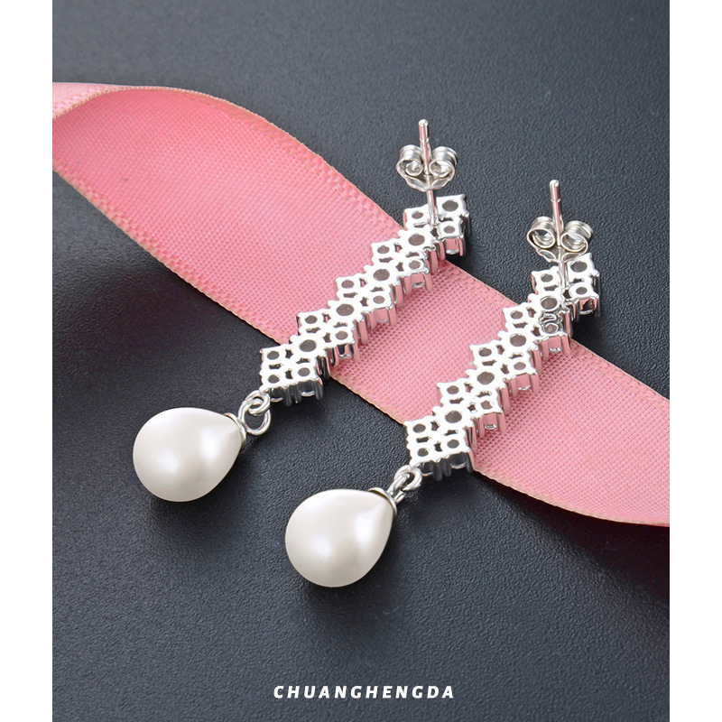 Temperamento coreano retro largos pendientes de zircón pendientes de perlas de plata esterlina S925 pendientes de perlas de diamante pendientes personales rojos