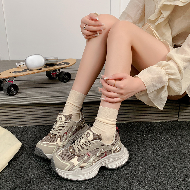 百搭女鞋松糕老爹鞋透气新款米2025秋运动休闲鞋增高网面时尚厚底|undefined