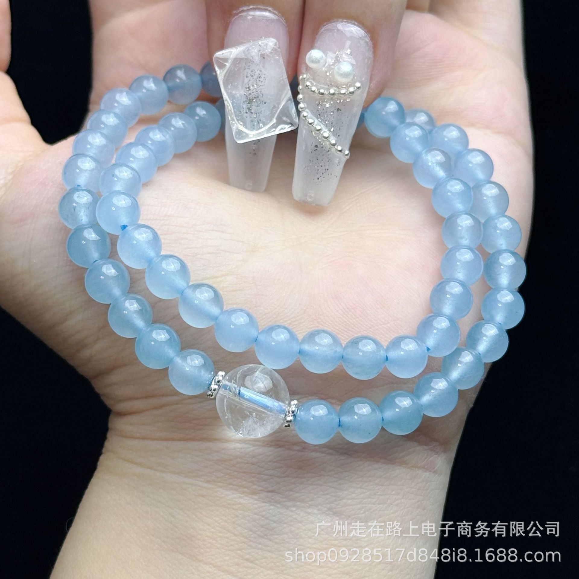 아쿠아마린 더블 서클 화이트 크리스탈 탑 비즈 (6mm)