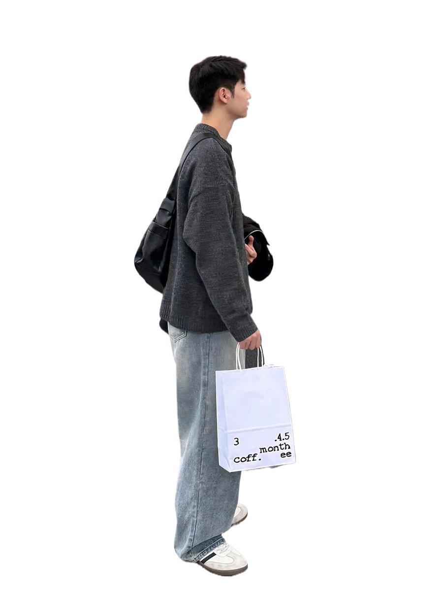 Herren-Pullover mit Rundhalsausschnitt, dunkelgrau, koreanischer Stil, weich und kuschelig, schlichte Passform, Winter-Basisschicht, Unterziehkleidung_voghion.com
