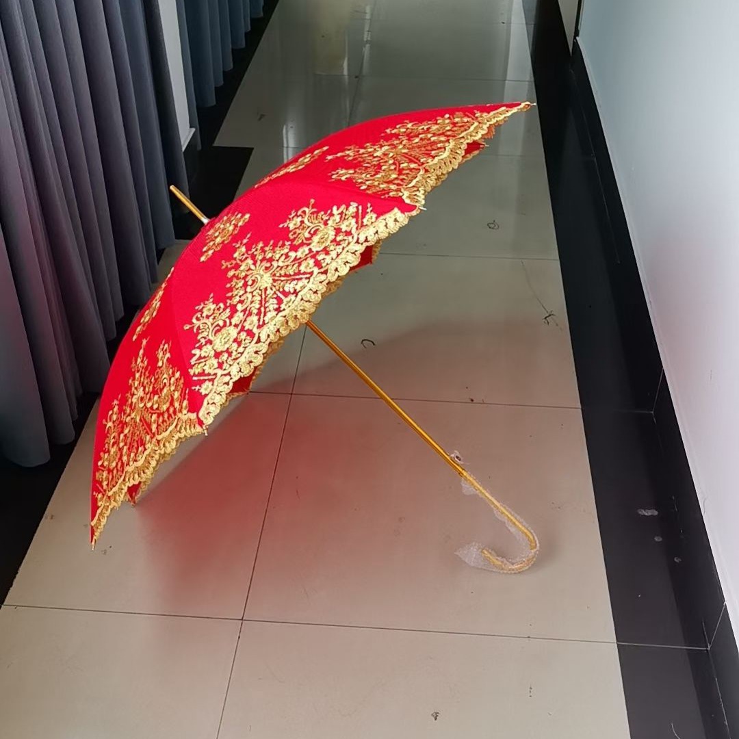 Brand New Embroidered Chinese-Style Wedding Long-Handled Umbrella with Lace, Red Wedding Umbrella, Bridal Umbrella, Vintage Wedding Umbrella, Bride's Umbrella