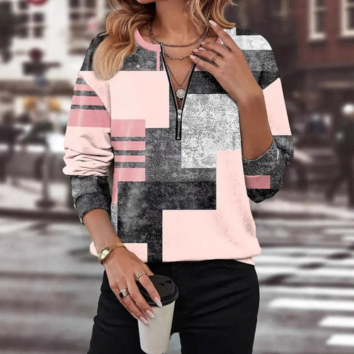  wish autumn and winter color-matching loose zipper long-sleeved V-neck hoodie women
