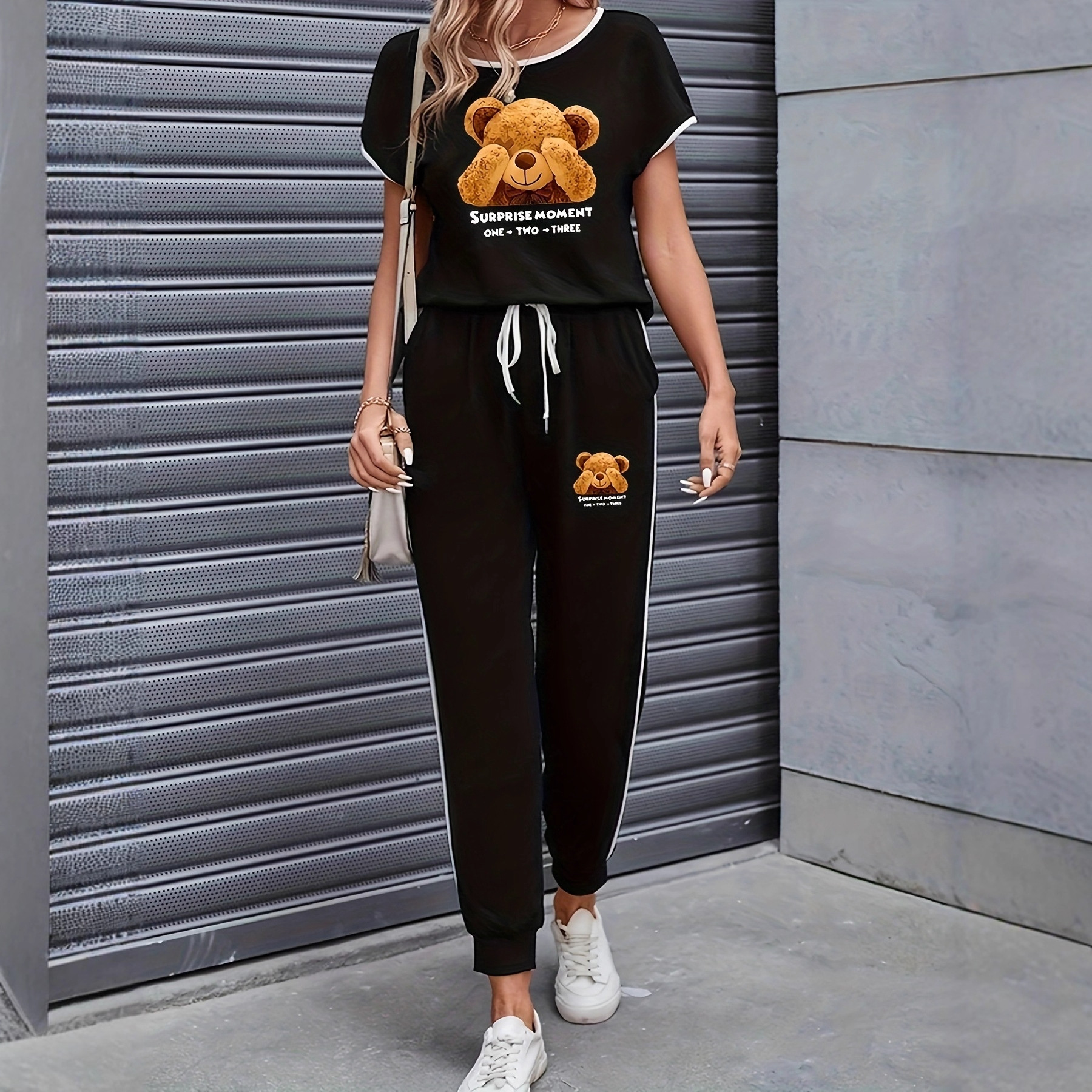 Damenbekleidung Color Block Trim Casual Anzug im amerikanischen Stil, schlichte, lockere Passform, Kurzarm, Frühling, Sommer, Herbst, Neu_voghion.com
