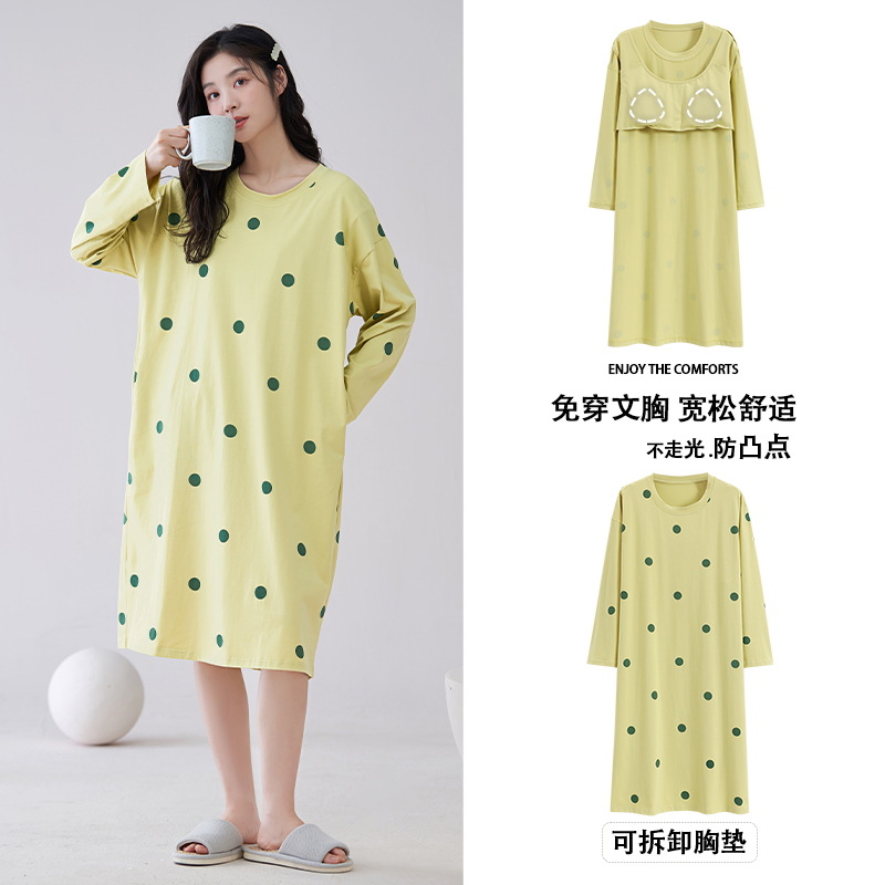 [Customized] pijama con cojín de pecho de primavera y otoño de algodón vestido de mangas largas de fresas dulce vestido de algodón vestido para el hogar