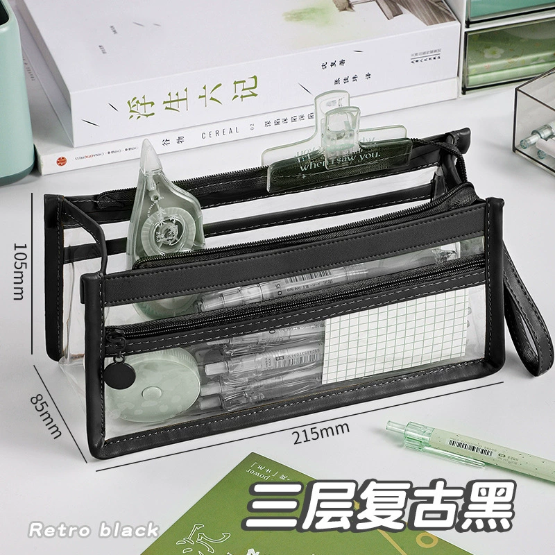 Capacious Clear Pencil Case, Three-Layer PU Trim, 80-Pen Capacity, Wrist Strap