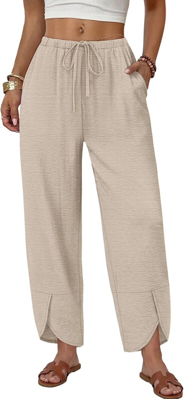 Sampeel Women's Linen Wide-Leg Pants, Cropped, Spring and Summer Vacation Wear, Fashionable Clothing, Beachwear 2