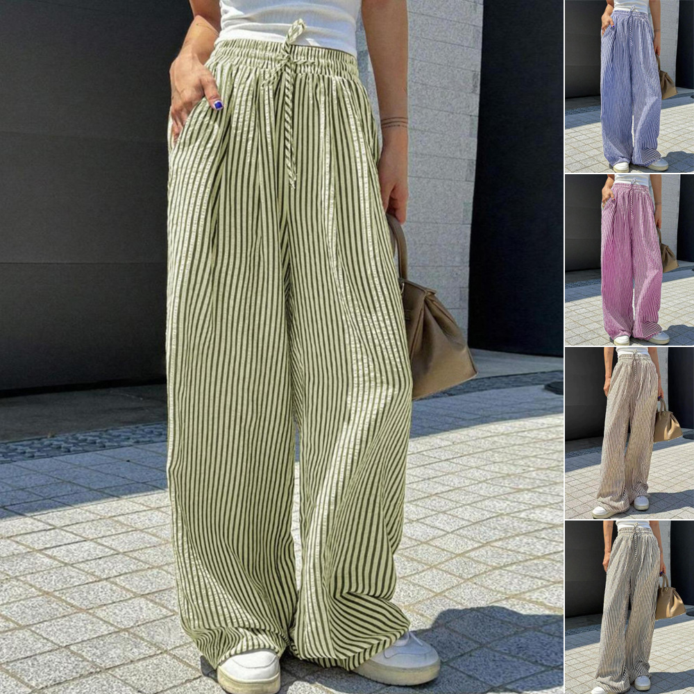 European and American Cross-Border Striped Casual Pants Women's Straight Pants Amazon Foreign Trade Women's High-Waisted Loose Pants in Stock