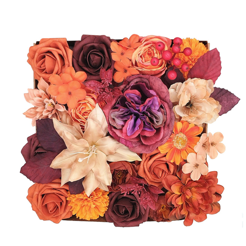 亞馬遜熱賣秋季暖橙紅色仿真絹布花盒婚禮訂婚儀式用品新娘伴娘捧