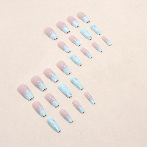 Mid-length gradient green fresh manicure white irregular lines fake nails small fresh silver lines ins style beauty