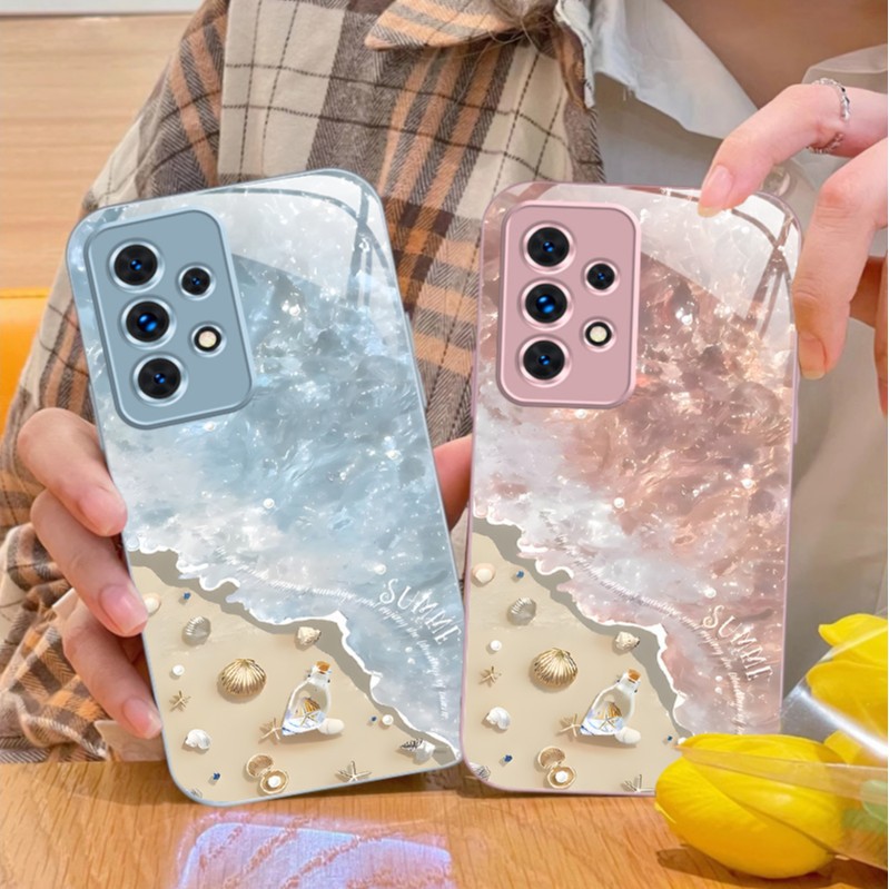 Suitable for Samsung A73 Mobile Phone Case A72 Beach Wave 32 Shell A01 Metal Paint A20 Summer Fe Flower Lanyard