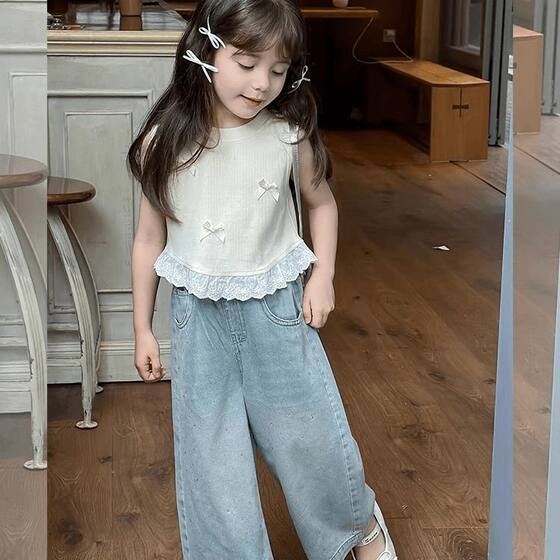 Girl's Bow Short Vest Summer New Children's Sweet Stitching Lace Sleeveless T-shirt Top Trend