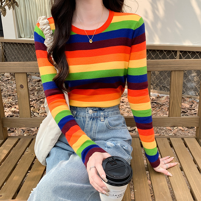 Real Shot Rainbow Stripe Knitted Shirt Base Long Sleeve T-Shirt Women's Thin Spring Early Autumn Top Sweater Short