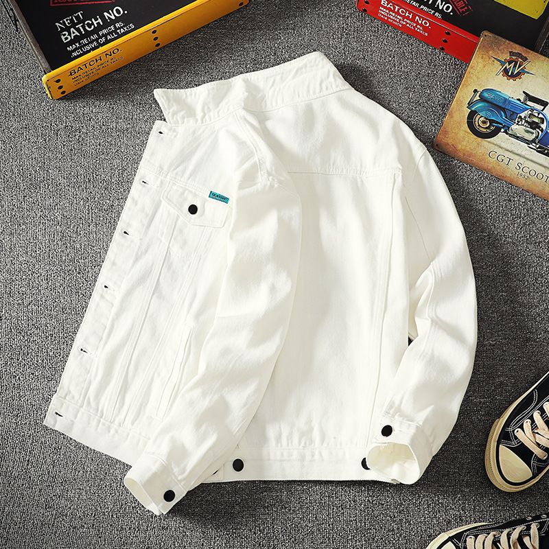 Ropa de hombre, ropa de trabajo, chaqueta corta con solapa, top informal de moda, chaqueta vaquera blanca, abrigo informal ajustado, ropa de trabajo, estilo coreano, moda de primavera y otoño._voghion.com