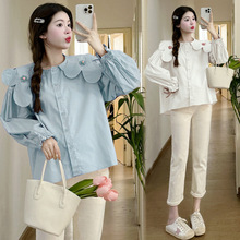 孕妇秋装衬衫2025新款韩版时尚百搭宽松显瘦绣花大荷叶边领上衣